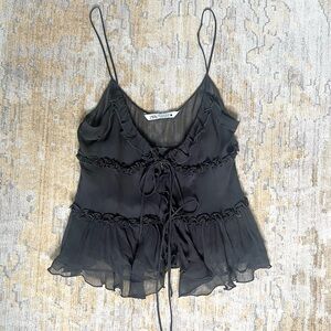 Zara Semi- Sheer Ruffled Tie- Front Top Black Size Small